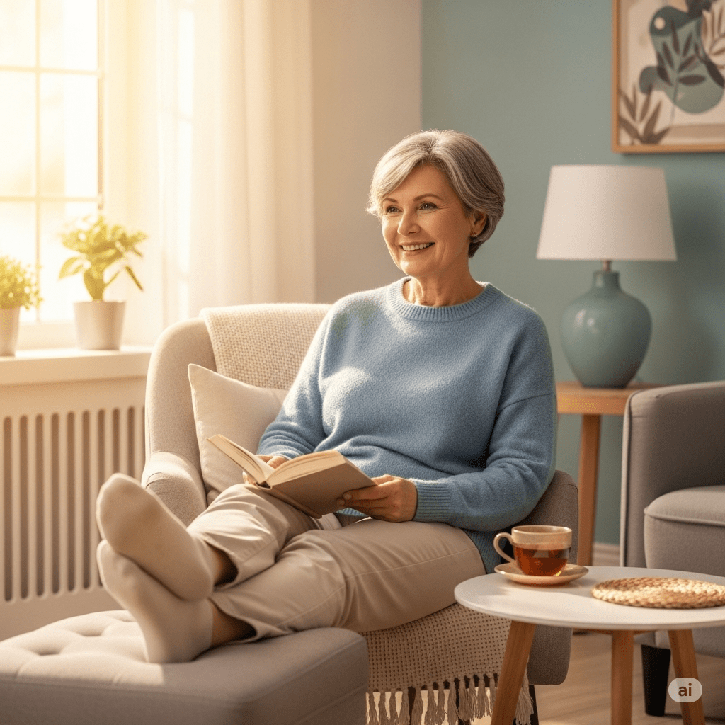A smiling older woman sitting comfortably in a cozy chair, reading a book, with a cup of tea on a side table and natural light streaming in through a window.