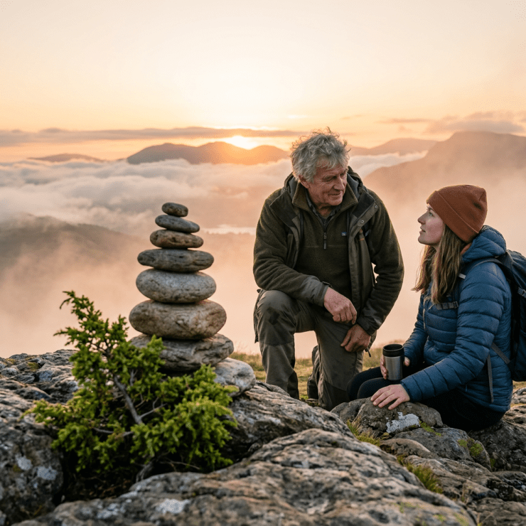 Older man and younger woman resting on rocky mountain peak at sunrise