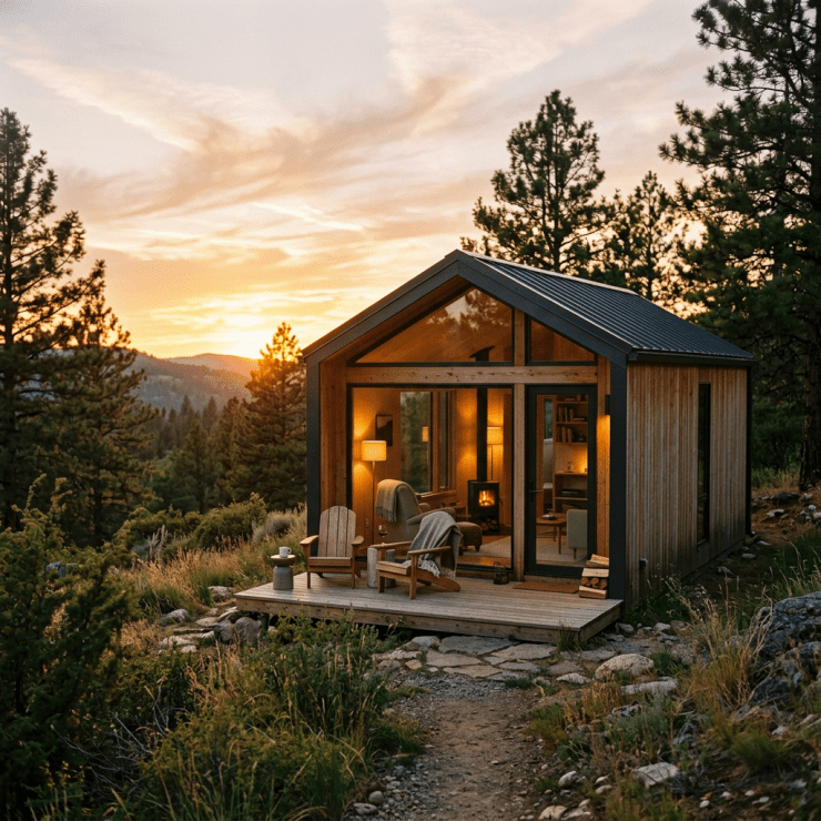 Small modern wooden cabin with large windows and warm interior lighting in a forest at sunset